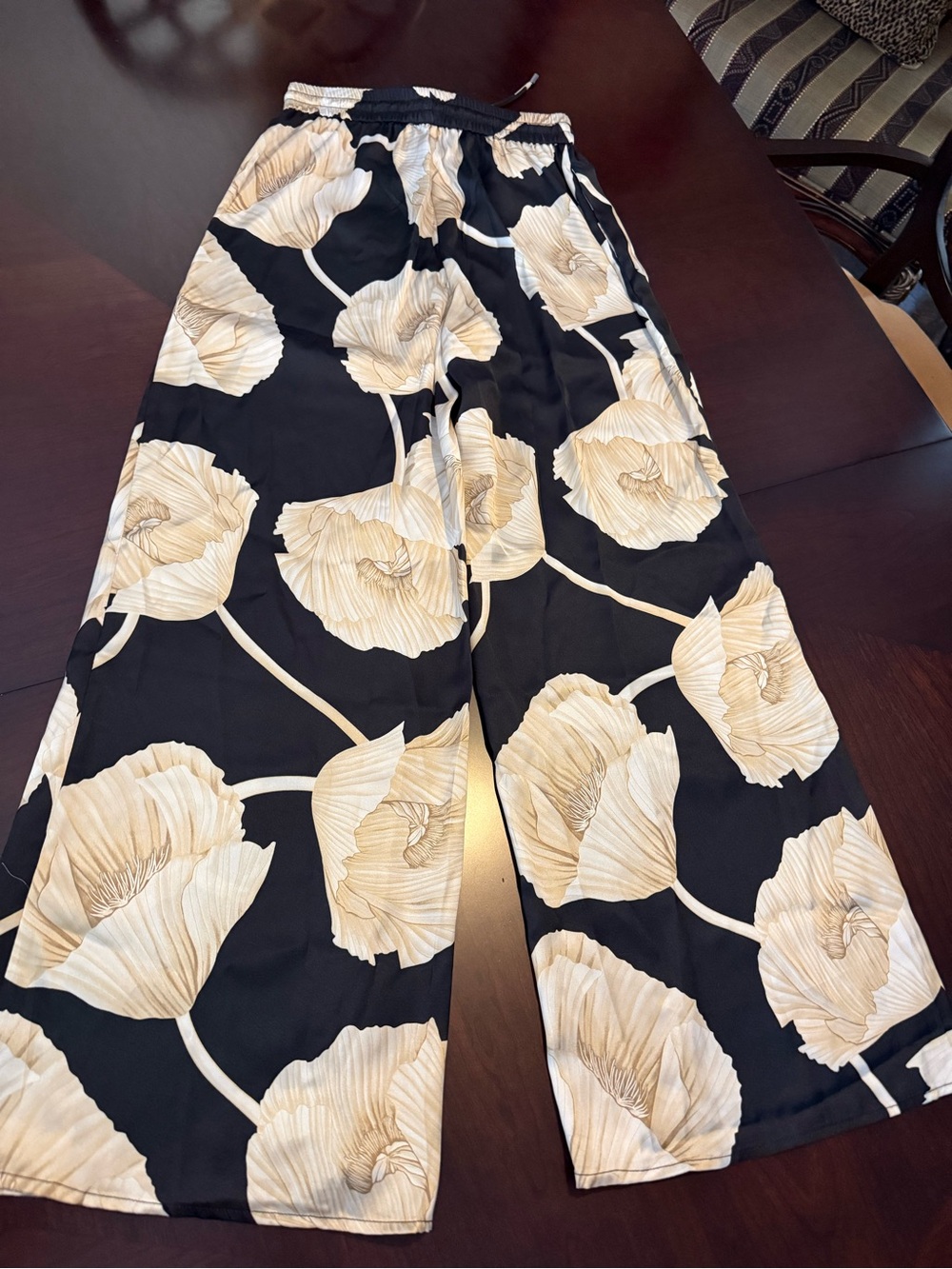 Wide Leg Floral Palazzo Pants in Black and Cream